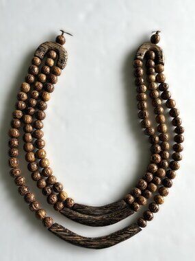 Natural Wood Triple-Strand Bead Necklace